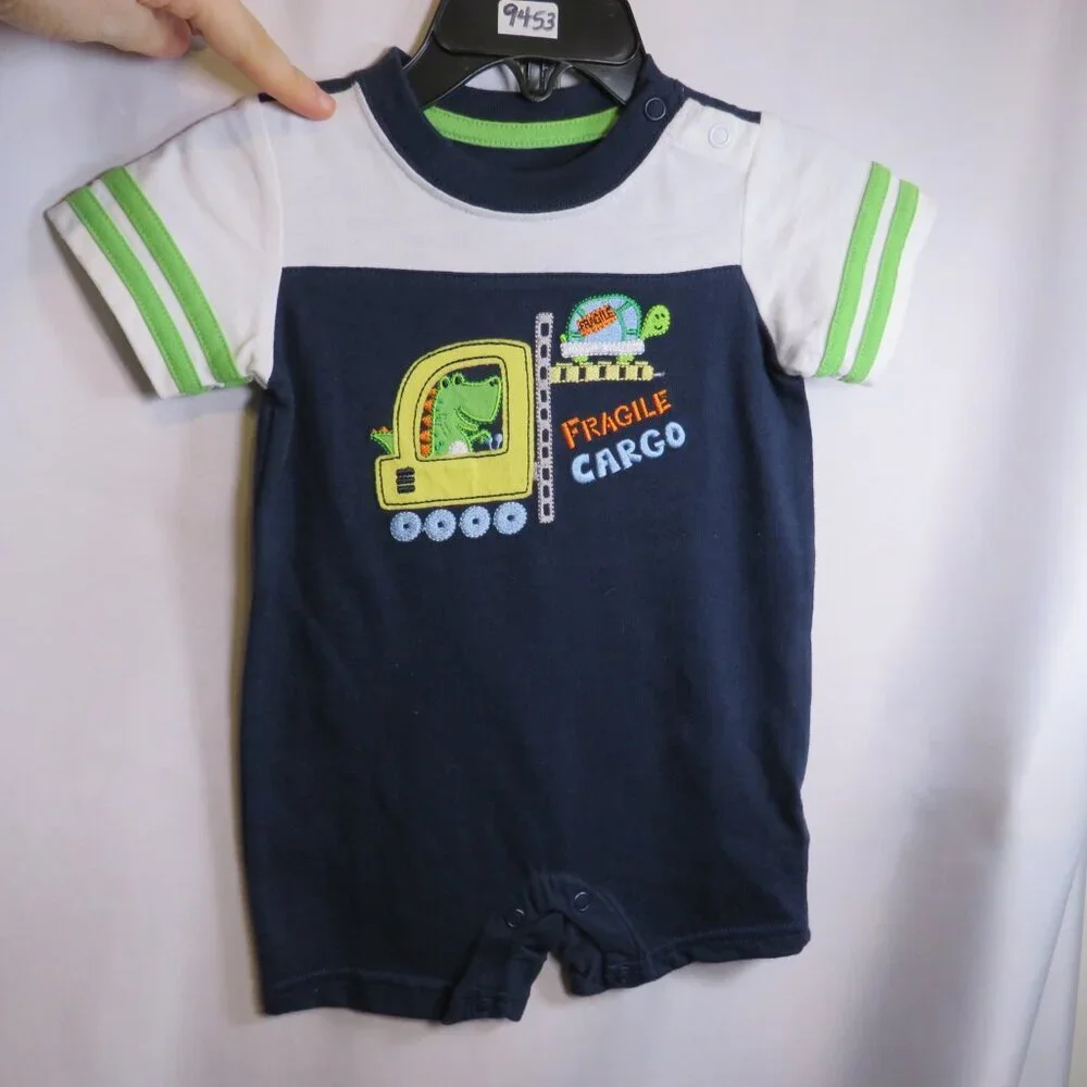 Baby Fragile Cargo Truck Embroidered 6mo bodysuit 100% cotton  Navy